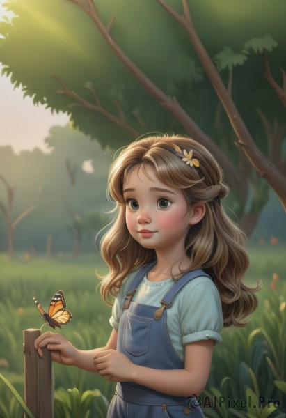 1girl,solo,long hair,smile,blue eyes,brown hair,shirt,hair ornament,closed mouth,white shirt,flower,short sleeves,hairband,outdoors,day,hair flower,blurry,tree,lips,sunlight,grass,bug,butterfly,child,nature,freckles,fence,female child,overalls,wooden fence,blue overalls,yellow butterfly,white butterfly,blush,green eyes,upper body,braid,flat chest,blurry background,denim,realistic,yellow flower,nose