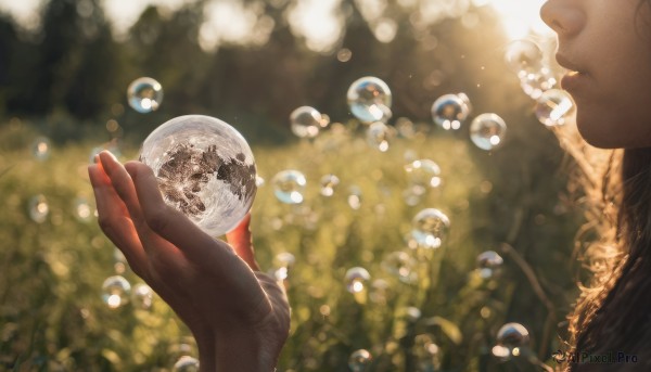 1girl, solo, gloves, holding, blurry, depth of field, close-up, bubble, realistic, orb