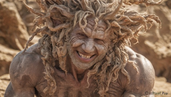 solo,looking at viewer,smile,open mouth,1boy,closed eyes,upper body,male focus,horns,teeth,grin,blurry,depth of field,blurry background,sharp teeth,portrait,facing viewer,realistic,long hair,white hair,outdoors,colored skin,facial hair,fangs,beard,dragon horns,scales,antlers,grey skin,multiple horns,dragon boy