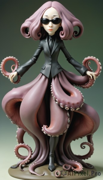 1girl,solo,skirt,standing,jacket,full body,pink hair,purple hair,boots,necktie,black footwear,lips,gradient,gradient background,makeup,formal,sunglasses,suit,lipstick,monster girl,tentacles,curly hair,tentacle hair,octopus,suction cups,scylla,long hair,simple background