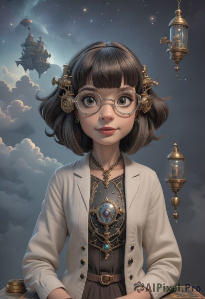 1girl,solo,looking at viewer,smile,short hair,bangs,brown hair,black hair,hair ornament,long sleeves,dress,brown eyes,jewelry,closed mouth,jacket,upper body,earrings,outdoors,open clothes,sky,glasses,belt,artist name,cloud,blunt bangs,medium hair,necklace,star (symbol),black eyes,black dress,bracelet,open jacket,lips,book,eyelashes,makeup,night,buttons,watermark,bob cut,white jacket,cardigan,cloudy sky,star (sky),night sky,buckle,pendant,starry sky,lantern,belt buckle,nose,round eyewear,red lips,steampunk,airship,chain,gem,web address,watch,hand in pocket,realistic,aircraft,grey jacket,hands in pockets,labcoat,wristwatch,brown dress,shooting star