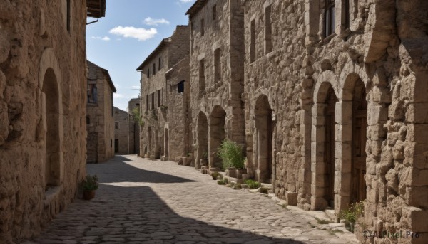 outdoors,sky,day,cloud,tree,blue sky,no humans,window,shadow,plant,building,scenery,stairs,door,potted plant,road,wall,ruins,pillar,street,arch,cloudy sky,path,stone floor