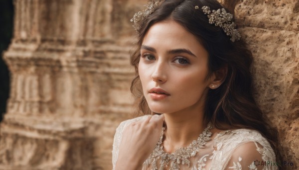 1girl,solo,long hair,looking at viewer,brown hair,black hair,hair ornament,dress,brown eyes,jewelry,upper body,flower,earrings,parted lips,hair flower,necklace,white dress,blurry,lips,blurry background,portrait,realistic,nose,hand up,depth of field