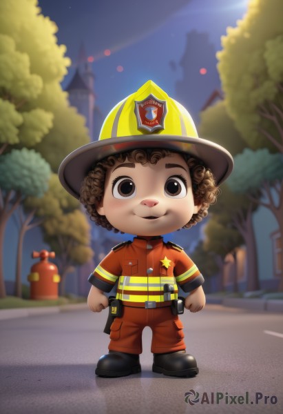 solo,looking at viewer,smile,brown hair,1boy,hat,brown eyes,full body,male focus,outdoors,sky,black footwear,blurry,uniform,tree,night,blurry background,curly hair,male child,afro,standing,boots,belt,chibi,star (symbol),helmet,yellow headwear