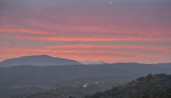 outdoors,sky,cloud,tree,no humans,moon,cloudy sky,grass,nature,scenery,forest,sunset,mountain,evening,landscape,mountainous horizon,gradient sky,hill,red sky,multiple boys,night