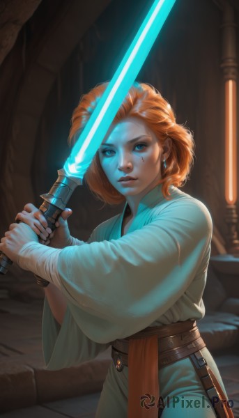 1girl,solo,looking at viewer,short hair,blue eyes,long sleeves,holding,jewelry,weapon,earrings,belt,sword,wide sleeves,medium hair,holding weapon,orange hair,lips,glowing,bandages,holding sword,sheath,robe,bandaged arm,glowing weapon,energy sword,glowing sword,lightsaber,realistic,nose,fantasy,tunic