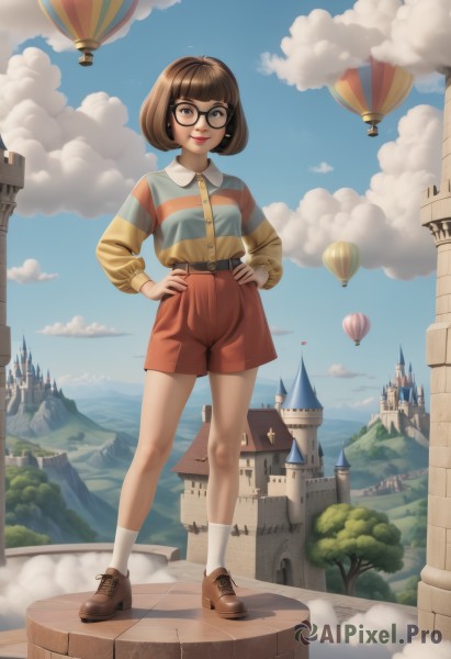 1girl,solo,breasts,looking at viewer,smile,short hair,bangs,brown hair,shirt,long sleeves,brown eyes,closed mouth,standing,full body,earrings,boots,outdoors,sky,shoes,glasses,shorts,day,socks,striped,collared shirt,belt,artist name,cloud,blunt bangs,tree,blue sky,lips,short shorts,makeup,buttons,brown footwear,bob cut,cloudy sky,wing collar,lipstick,white socks,building,buckle,freckles,black-framed eyewear,hands on hips,belt buckle,aircraft,nose,round eyewear,red lips,shirt tucked in,red shorts,balloon,brown shorts,castle,tower,high-waist shorts,jewelry,black eyes,watermark,scenery,striped shirt,mountain,airplane,lamppost,floating island,airship