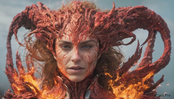 1girl,solo,long hair,looking at viewer,blue eyes,blonde hair,brown hair,closed mouth,parted lips,armor,blurry,lips,grey eyes,blue background,facial mark,fire,portrait,tentacles,realistic,outdoors,horns,sky,expressionless,straight-on