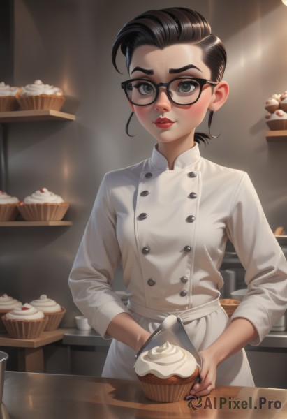 1girl,solo,breasts,looking at viewer,blush,short hair,black hair,long sleeves,holding,jewelry,standing,earrings,parted lips,food,glasses,indoors,black eyes,lips,grey eyes,makeup,buttons,fruit,lipstick,cake,black-framed eyewear,red lips,double-breasted,stud earrings,cupcake,whipped cream,chef,closed mouth,apron,holding food,round eyewear,undercut,hair slicked back