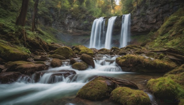 A waterfall surrounded by a lush day