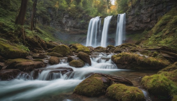 outdoors, day, water, tree, no humans, sunlight, nature, scenery, forest, rock, river, waterfall, stream