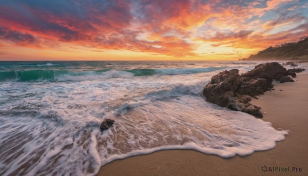 outdoors, sky, cloud, water, dutch angle, no humans, ocean, beach, cloudy sky, scenery, sunset, rock, sand, horizon, waves, shore, orange sky