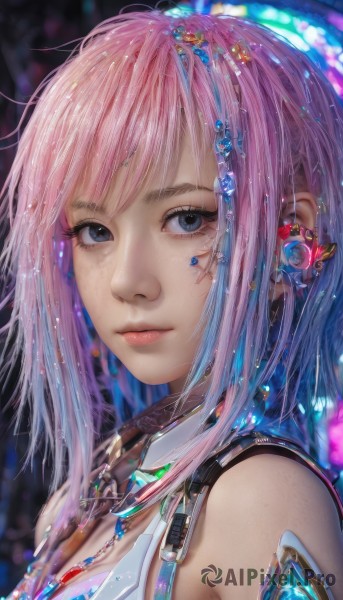 1girl,solo,breasts,looking at viewer,short hair,bangs,blue eyes,hair ornament,bare shoulders,jewelry,closed mouth,blue hair,upper body,pink hair,multicolored hair,earrings,necklace,blurry,black eyes,lips,grey eyes,eyelashes,makeup,blurry background,piercing,gem,portrait,realistic,nose,long hair,artist name,watermark