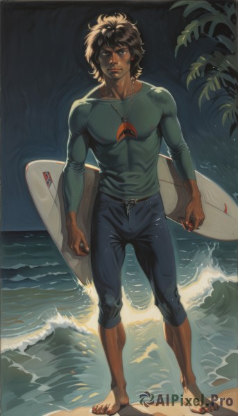 solo,looking at viewer,brown hair,shirt,black hair,1boy,holding,brown eyes,jewelry,standing,full body,male focus,outdoors,barefoot,pants,dark skin,water,necklace,wet,muscular,night,facial hair,ocean,beach,dark-skinned male,plant,denim,toenails,green shirt,sand,male swimwear,waves,whistle,whistle around neck,surfboard,short hair,black eyes,pectorals,manly,behind back