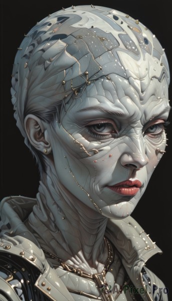 1girl,solo,looking at viewer,short hair,simple background,jewelry,closed mouth,jacket,earrings,necklace,black eyes,lips,grey eyes,makeup,colored skin,chain,black background,portrait,science fiction,realistic,cyborg,alien,white hair,eyelashes,mask,lipstick,pale skin,zipper,white skin,red lips,white eyes,grey skin