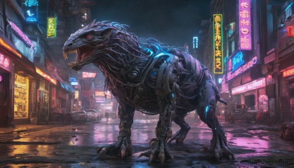 open mouth, outdoors, teeth, dutch angle, no humans, night, sharp teeth, ground vehicle, building, motor vehicle, claws, science fiction, rain, monster, city, car, road, street, cyberpunk, neon lights