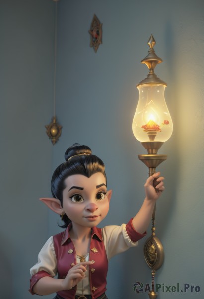 1girl,solo,smile,shirt,black hair,holding,brown eyes,jewelry,closed mouth,white shirt,earrings,pointy ears,belt,necklace,hair bun,vest,arm up,lips,single hair bun,child,lantern,red vest,female child,light bulb,lalafell,short hair