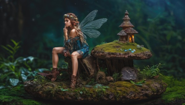 1girl,solo,long hair,breasts,skirt,blonde hair,brown hair,dress,bare shoulders,jewelry,sitting,flower,boots,outdoors,wings,pointy ears,blurry,tree,lips,strapless,depth of field,blue dress,brown footwear,grass,plant,nature,scenery,strapless dress,forest,lantern,rock,realistic,fantasy,fairy wings,fairy,head wreath,mushroom,butterfly wings,moss,tree stump,from side,profile,fireflies