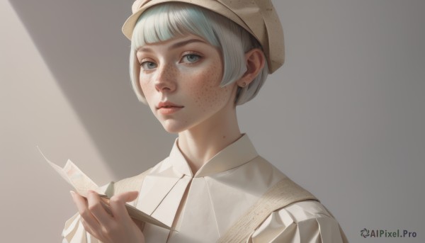 1girl,solo,looking at viewer,short hair,bangs,blue eyes,shirt,hat,holding,jewelry,closed mouth,white shirt,upper body,white hair,grey hair,earrings,collared shirt,blunt bangs,mole,lips,grey eyes,freckles,paper,realistic,nose,pen,stud earrings,pencil,mole on neck,simple background,portrait,brown background