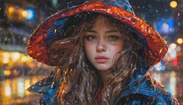 1girl,solo,long hair,looking at viewer,blue eyes,blonde hair,brown hair,hat,outdoors,parted lips,artist name,hood,blurry,lips,wet,depth of field,blurry background,portrait,red headwear,freckles,rain,realistic,nose,red lips,bokeh,bangs,jacket,grey eyes,eyelashes,night,thick eyebrows,hooded jacket,hood up,snowing,city lights