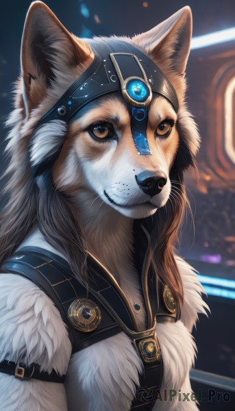 1girl,solo,long hair,looking at viewer,brown hair,brown eyes,jewelry,closed mouth,upper body,blurry,no humans,blurry background,animal,gem,furry,colored sclera,freckles,dog,furry female,harness,fur,animal ears,fur trim,wolf,snout