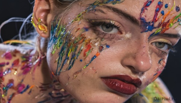 1girl,solo,looking at viewer,simple background,brown eyes,jewelry,closed mouth,parted lips,blurry,black eyes,lips,grey eyes,eyelashes,makeup,depth of field,lipstick,black background,portrait,close-up,freckles,realistic,nose,red lips,paint,short hair,black hair,earrings,pointy ears,planet,gold