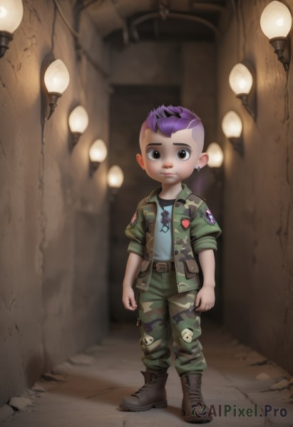 solo,looking at viewer,short hair,shirt,1boy,brown eyes,jewelry,standing,jacket,full body,purple hair,male focus,multicolored hair,earrings,boots,belt,pants,black eyes,two-tone hair,military,piercing,ear piercing,child,male child,very short hair,undercut,camouflage,dog tags,mohawk,patch,combat boots,camouflage jacket,camouflage pants,1girl,open clothes,uniform,open jacket,military uniform,scar,aged down