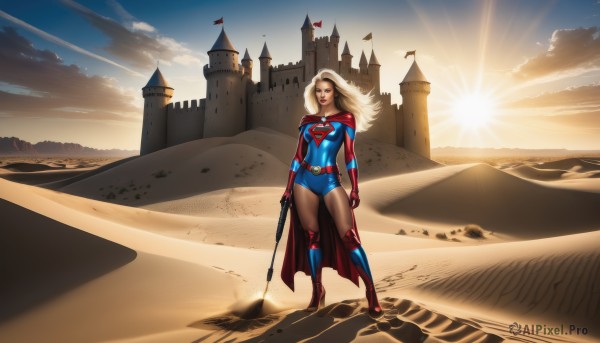 1girl,solo,long hair,breasts,looking at viewer,blue eyes,blonde hair,gloves,holding,medium breasts,standing,full body,weapon,boots,outdoors,sky,cloud,cape,high heels,leotard,lips,bodysuit,makeup,sunlight,knee boots,lipstick,wind,building,red footwear,skin tight,sunset,sand,sun,red cape,blue leotard,superhero,castle,sunrise,desert,belt,shadow,cloudy sky,scenery,blue footwear,mountain,realistic,flag