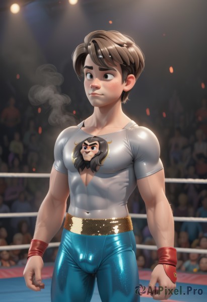 solo,blush,short hair,brown hair,shirt,1boy,brown eyes,closed mouth,short sleeves,male focus,shiny,belt,pants,artist name,lips,covered navel,mask,muscular,abs,thick eyebrows,pectorals,muscular male,t-shirt,wristband,bara,skin tight,grey shirt,clenched hands,smoke,freckles,bulge,shiny clothes,arms at sides,blue pants,tight,print shirt,crowd,stage,spotlight,covered abs,stage lights,standing,cowboy shot,solo focus,blurry,blurry background,wrestling outfit,wrestling ring