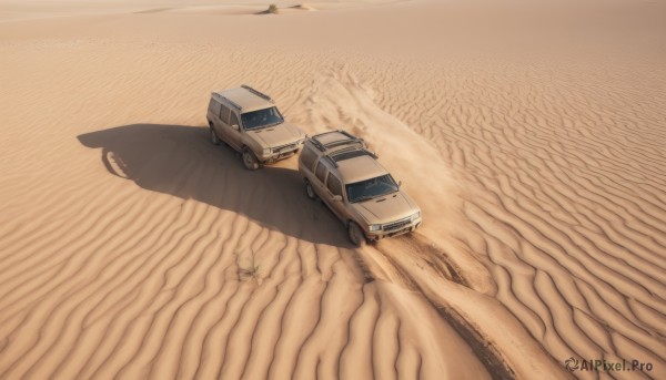 outdoors,no humans,shadow,ground vehicle,scenery,motor vehicle,aircraft,sand,car,road,vehicle focus,desert,truck,sky,signature,beach