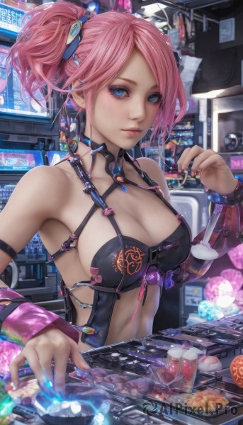 1girl,solo,breasts,looking at viewer,blush,smile,short hair,bangs,blue eyes,large breasts,hair ornament,navel,cleavage,bare shoulders,twintails,jewelry,medium breasts,collarbone,upper body,ponytail,pink hair,detached sleeves,food,indoors,armpits,nail polish,lips,fingernails,makeup,blue nails,monitor,keyboard (computer),closed mouth,bowl,chopsticks,realistic,kitchen,shop,holographic interface,grill