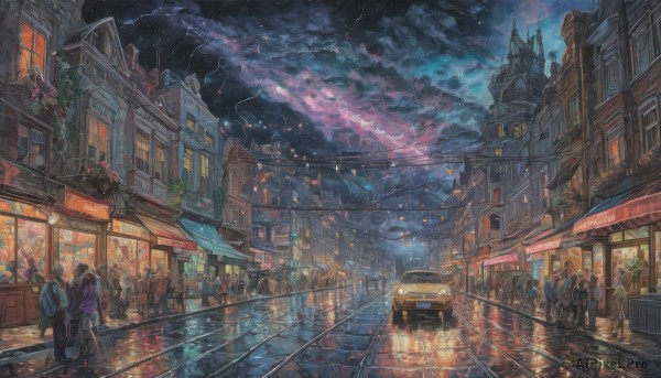 A motor vehicle framed by the beauty of a calm rainy outdoors