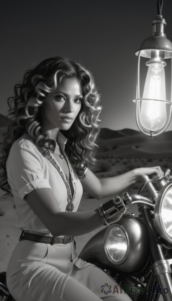 1girl,solo,long hair,breasts,looking at viewer,smile,dress,jewelry,sitting,closed mouth,monochrome,short sleeves,greyscale,outdoors,belt,dark skin,necklace,bracelet,dark-skinned female,lips,wavy hair,ground vehicle,motor vehicle,curly hair,lantern,realistic,nose,leather,motorcycle,cleavage,earrings,small breasts,pants,hoop earrings,lamp,on motorcycle