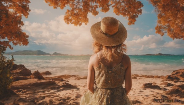 1girl,solo,long hair,blonde hair,hat,dress,bare shoulders,standing,outdoors,sky,sleeveless,day,cloud,signature,medium hair,water,from behind,white dress,tree,blue sky,sleeveless dress,ocean,leaf,back,beach,scenery,sun hat,rock,mountain,brown headwear,straw hat,horizon,sundress,facing away,upper body,sand,shore