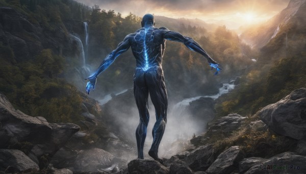 solo,1boy,standing,male focus,outdoors,sky,cloud,water,from behind,tree,bodysuit,muscular,glowing,colored skin,sunlight,outstretched arms,muscular male,nature,scenery,forest,rock,mountain,blue skin,waterfall,alien,cliff,ass,back,cloudy sky,sunset,fantasy,facing away