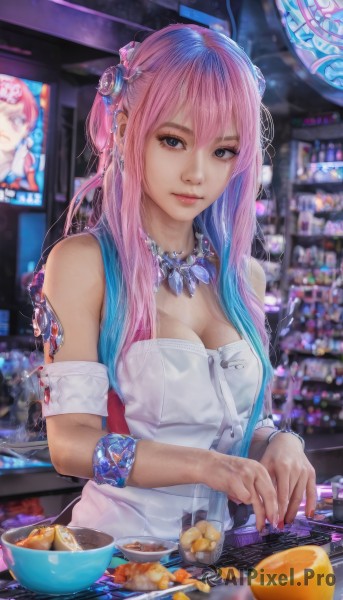 1girl,solo,long hair,breasts,looking at viewer,smile,bangs,blue eyes,shirt,hair ornament,cleavage,hair between eyes,bare shoulders,jewelry,medium breasts,closed mouth,blue hair,white shirt,upper body,pink hair,multicolored hair,food,sleeveless,indoors,necklace,nail polish,blurry,bracelet,two-tone hair,cup,lips,fingernails,grey eyes,gradient hair,blurry background,pink nails,bowl,realistic,nose,monitor,artist name,fruit,watermark,armlet