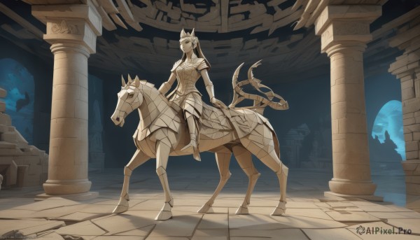 1girl,solo,long hair,sitting,weapon,boots,armor,helmet,shoulder armor,pauldrons,breastplate,riding,greaves,horse,pillar,knight,full armor,statue,horseback riding,column,reins,saddle,holding,animal ears,closed mouth,tail,full body,ponytail,sword,indoors,holding weapon,shadow,horse ears,monster girl,polearm,gauntlets,horse tail,shield,holding polearm,ruins,wide shot,lance,taur,helm,centaur