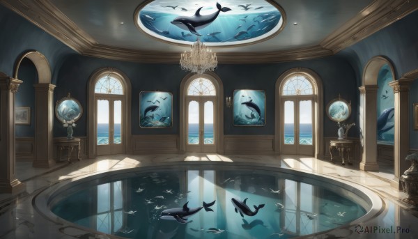 indoors,water,no humans,window,bird,chair,table,sunlight,scenery,reflection,fish,light rays,stairs,fantasy,door,picture frame,painting (object),picture (object),candlestand,reflective floor,chandelier,globe,sky,day,cloud,ocean,mirror,shark,whale,dolphin