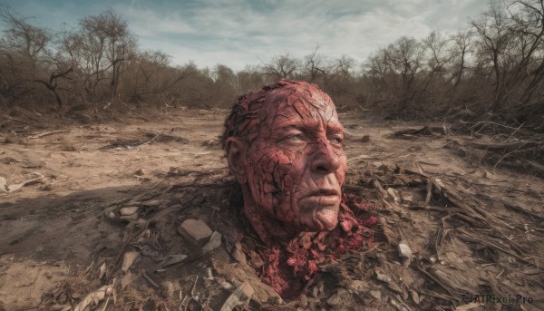 solo,1boy,green eyes,male focus,outdoors,sky,day,cloud,tree,no humans,cloudy sky,nature,scenery,forest,realistic,bald,ruins,bare tree,death,corpse,closed mouth,facial hair,portrait,science fiction,rock