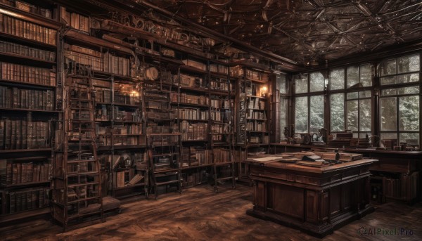 indoors,tree,book,no humans,window,chair,table,scenery,desk,wooden floor,stairs,clock,bookshelf,lamp,shelf,book stack,gears,library,ceiling,ladder,globe,lantern,candle,quill,candlestand,chandelier,inkwell