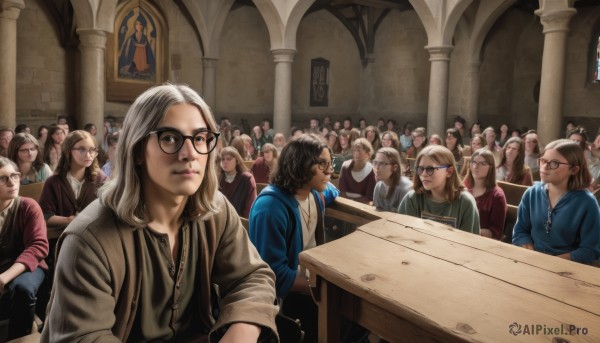 long hair,multiple girls,blonde hair,brown hair,shirt,black hair,jewelry,sitting,jacket,white hair,grey hair,multiple boys,glasses,indoors,hood,vest,lips,hoodie,facial hair,6+girls,parody,table,beard,6+boys,black-framed eyewear,realistic,crowd,smile,short hair,brown eyes,closed mouth,male focus,dark skin,necklace,sunglasses,faceless,sleeves rolled up,fine art parody