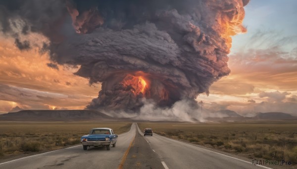 outdoors,sky,cloud,tree,no humans,cloudy sky,fire,ground vehicle,scenery,motor vehicle,smoke,sunset,mountain,car,road,explosion,vehicle focus,street,day,field,landscape,desert