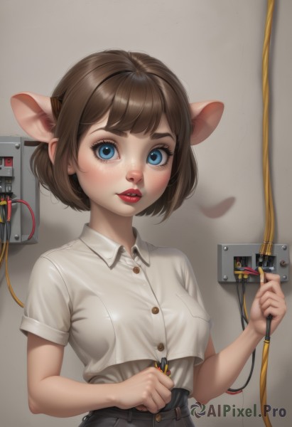 1girl,solo,breasts,looking at viewer,blush,short hair,bangs,blue eyes,skirt,brown hair,shirt,holding,animal ears,white shirt,upper body,short sleeves,small breasts,parted lips,teeth,collared shirt,belt,pants,lips,buttons,bob cut,wing collar,freckles,pocket,mouse ears,red lips,shirt tucked in,cable,breast pocket,medium breasts,eyelashes,makeup,thick eyebrows,lipstick,extra ears,nose,mascara