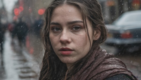 1girl,solo,long hair,looking at viewer,brown hair,brown eyes,outdoors,parted lips,scarf,mole,blurry,lips,makeup,depth of field,blurry background,lipstick,portrait,mole under mouth,snow,freckles,snowing,realistic,nose,red lips,mole on cheek,wet,ground vehicle,motor vehicle,close-up,forehead,rain,car,dirty