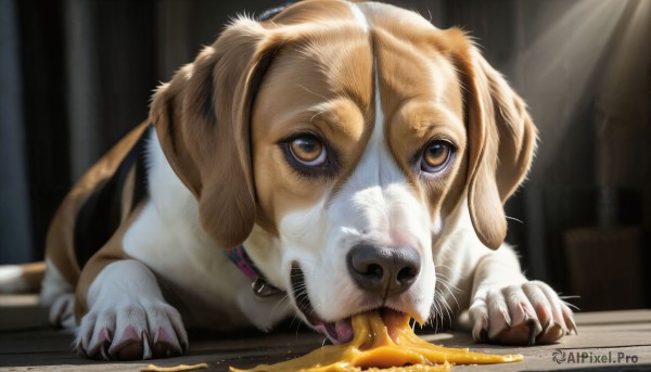 HQ,brown eyes,tongue,indoors,tongue out,blurry,collar,no humans,animal,claws,dog,realistic,animal focus,honey,solo,looking at viewer,open mouth,signature,saliva,blurry background,table,sunlight,light rays,animal collar,pet bowl,pet