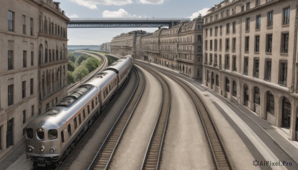 outdoors,sky,day,cloud,tree,blue sky,no humans,window,cloudy sky,ground vehicle,building,scenery,motor vehicle,city,car,road,bridge,street,train,railroad tracks,real world location,science fiction,realistic,landscape