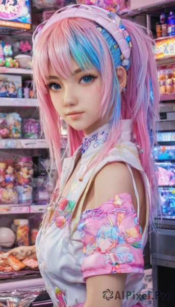 1girl,solo,long hair,breasts,looking at viewer,smile,bangs,blue eyes,shirt,twintails,jewelry,closed mouth,blue hair,white shirt,upper body,pink hair,short sleeves,multicolored hair,hairband,earrings,food,choker,indoors,from side,two-tone hair,lips,streaked hair,makeup,realistic,nose,shelf,shop,ponytail,sidelocks,artist name,necklace,blurry,apron,eyelashes,piercing,ear piercing,pink lips