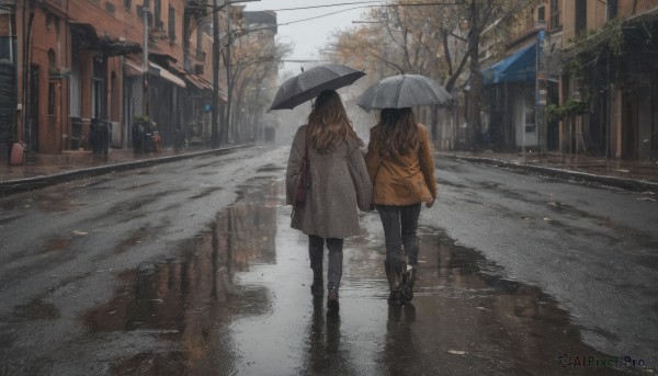 long hair, multiple girls, brown hair, holding, 2girls, jacket, boots, outdoors, pants, bag, from behind, tree, dutch angle, umbrella, building, scenery, walking, rain, holding umbrella, sign, road, transparent, power lines, lamppost, bare tree, street, puddle, transparent umbrella, shared umbrella, crosswalk, vanishing point