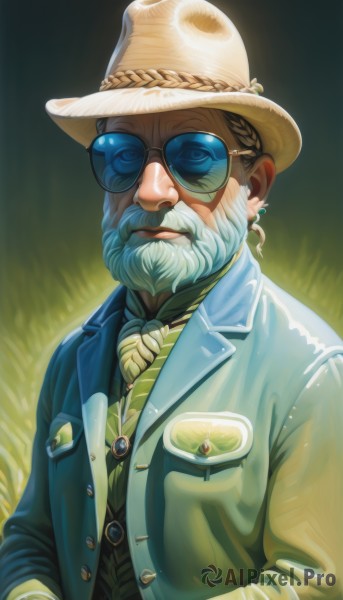 solo,looking at viewer,shirt,1boy,hat,jewelry,closed mouth,jacket,upper body,white hair,male focus,earrings,necktie,glasses,striped,vest,buttons,facial hair,formal,sunglasses,grass,beard,green jacket,realistic,hands in pockets,round eyewear,mustache,brown headwear,old,old man,brown hair,long sleeves,standing,braid,open clothes,artist name,signature,open jacket,lips,ascot,suit,blue jacket,pocket,monocle