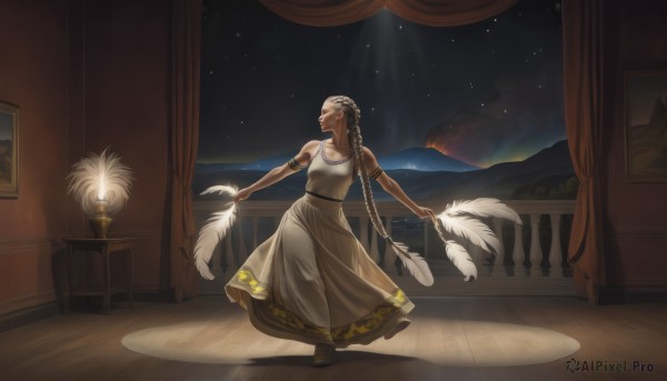 1girl,solo,long hair,breasts,dress,holding,bare shoulders,jewelry,very long hair,standing,closed eyes,braid,white hair,sky,indoors,dark skin,necklace,white dress,dark-skinned female,single braid,night,table,feathers,curtains,star (sky),night sky,armlet,starry sky,dancing,painting (object),black hair,medium breasts,earrings,bag,vase,carpet,rug